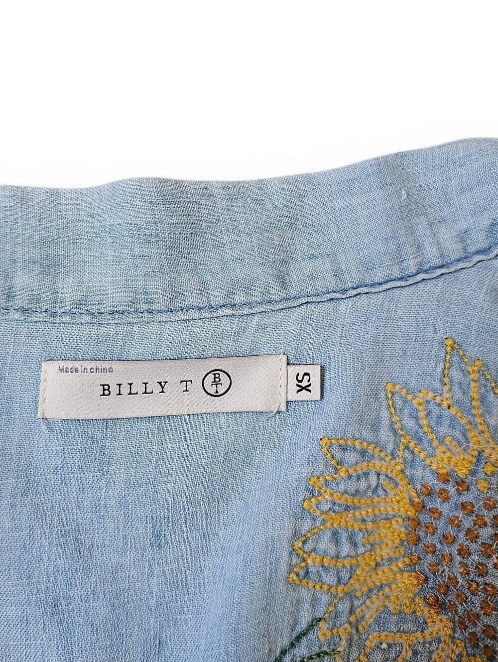 Billy T Sunflower Embroidered Chambray Open-Front Boho Kimono Jacket, Size XS - Picture 8 of 8